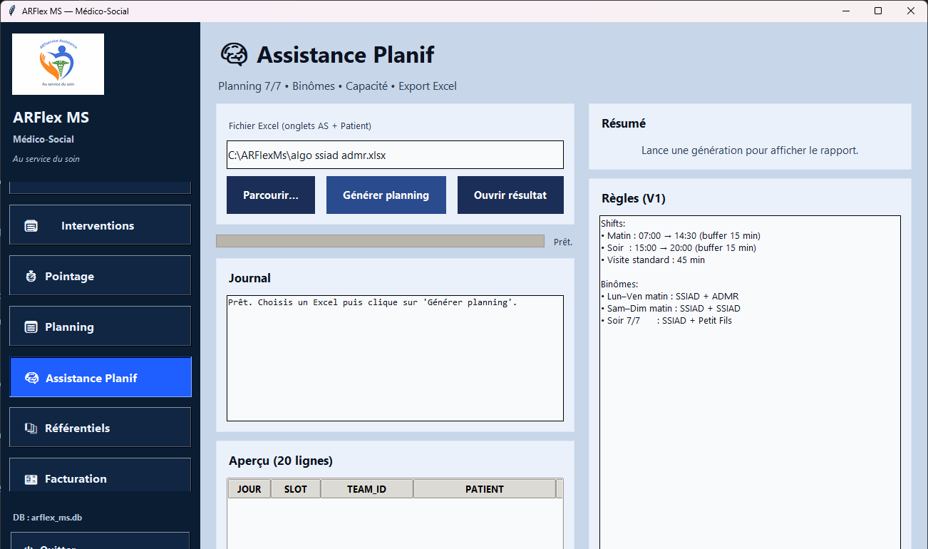 Aperçu ARFlex MS — Assistance Planif